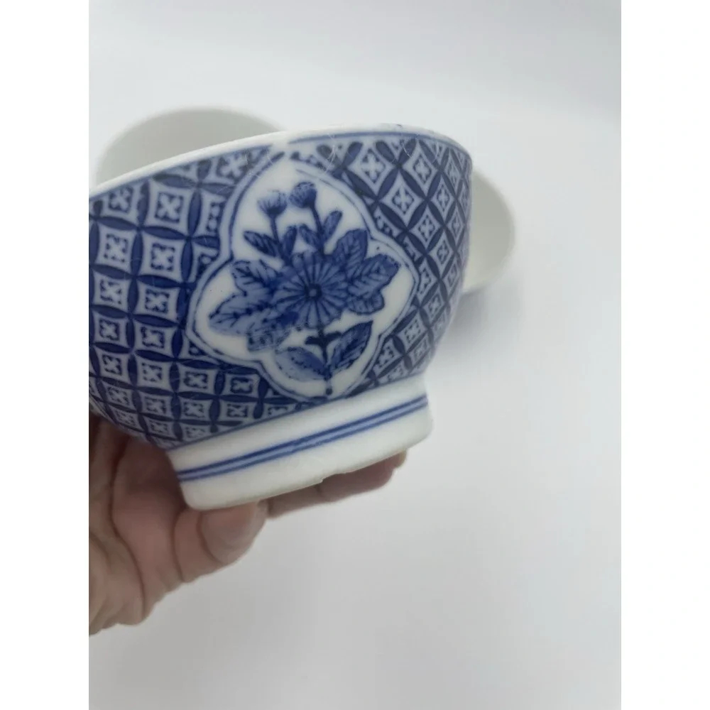 Set of 3 Antique Japanese‎ Chinese Asian Blue & White Rice Bowls